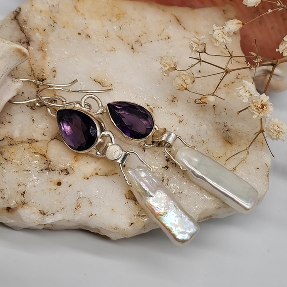 Natural Amethyst Natural Irregular Pearls Stones Silver 925 Earrings - Picture 2 of 10